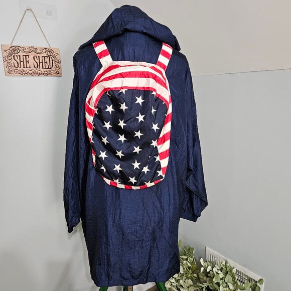 Vintage Blue Backpack Jacket Americana Flag Design Rain Windbreaker Patriotic XL - Picture 4 of 13